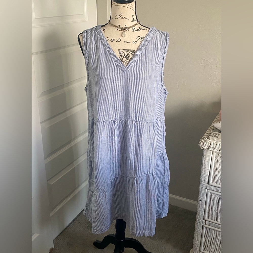 Blue Tiered Sleeveless Linen Midi Sundress